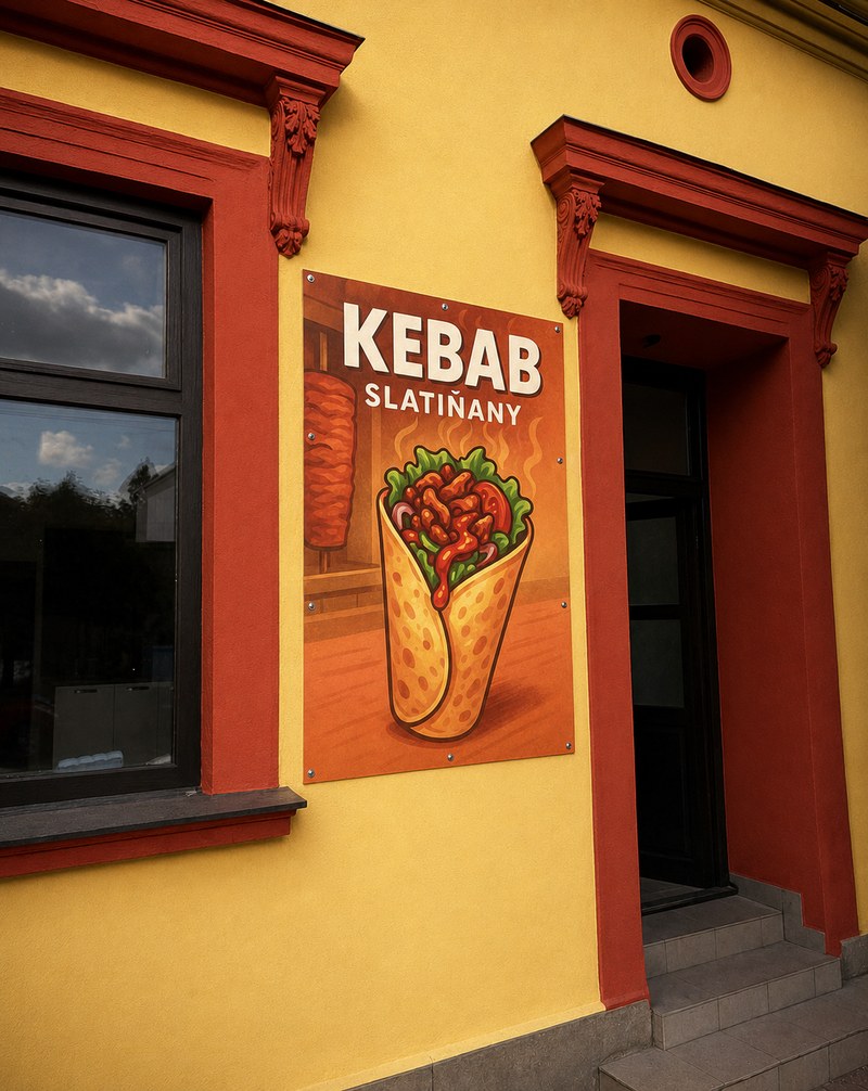 Fasáda provozovny Kebab Slatiňany — žlutá budova s červenými rámy oken a bannerem